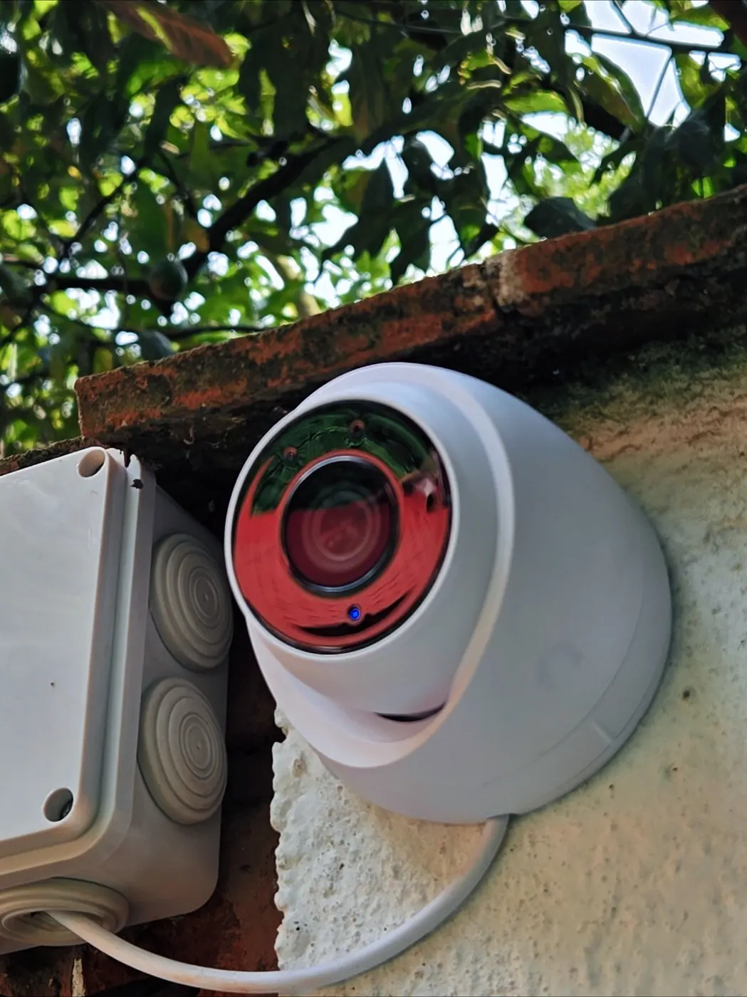 Cámara IP instalada en exterior con caja de conexiones.